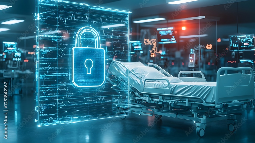 Fototapete neon lit futuristic hospital environment with a floating holographic lock symbol over a hospital bed