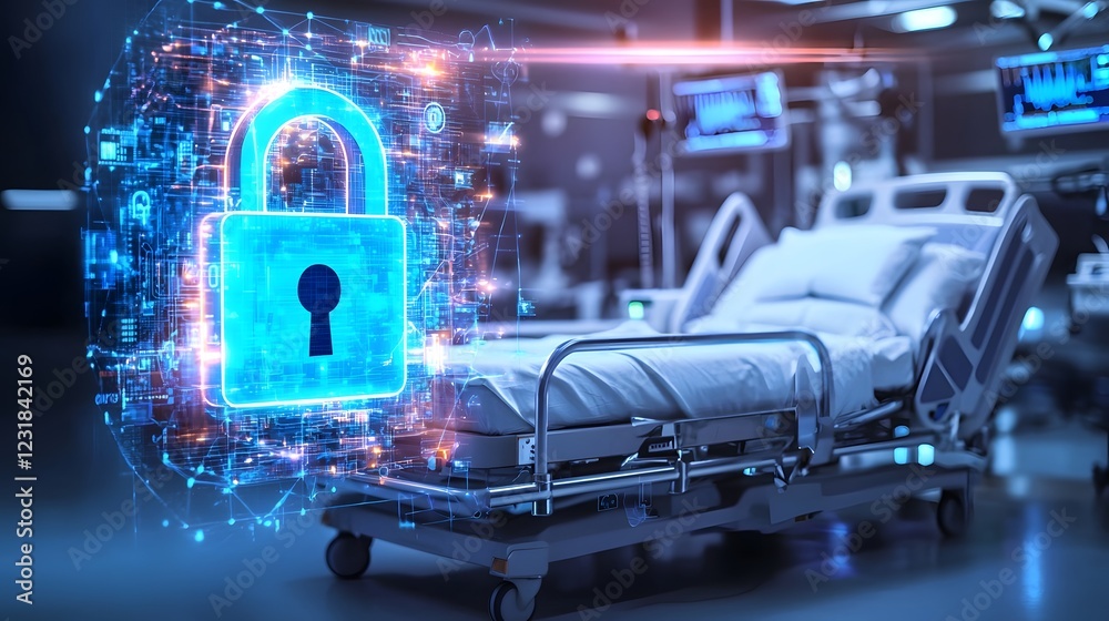 Poster Advanced Medical Cybersecurity Visualization with Neon Glowing Digital Lock Floating Over Futuristic High Tech Hospital Bed