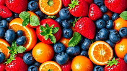 A seamless pattern featuring an array of colorful, realistically rendered fruits�bright red strawberries, juicy oranges, and plump blueberries�arranged in a visually appealing, almost .