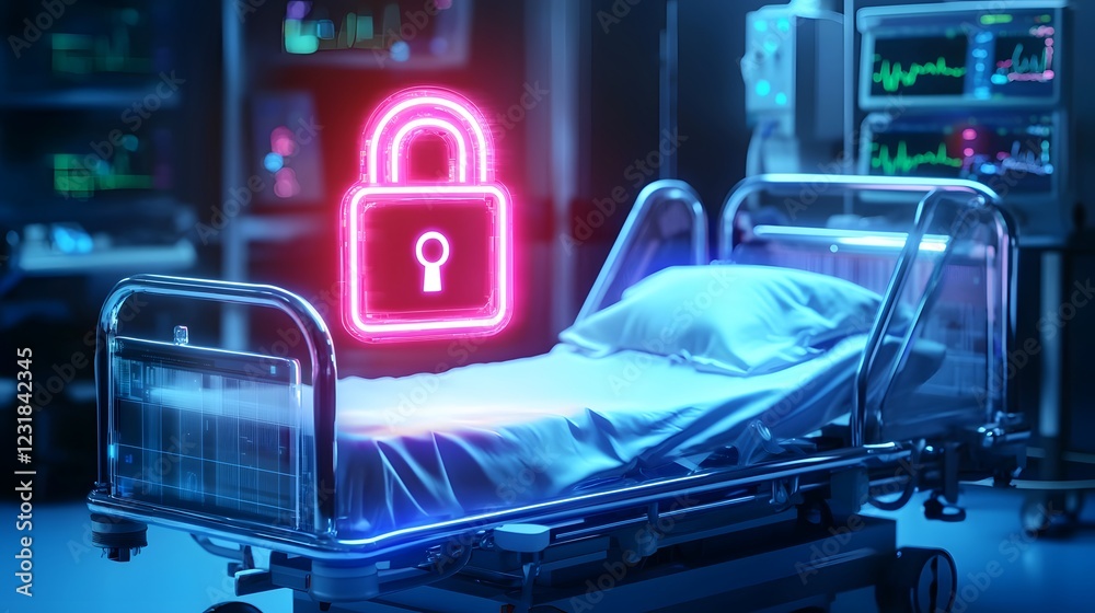 Aufkleber cybernetic medical security concept with floating digital lock hologram above hospital bed encrypted