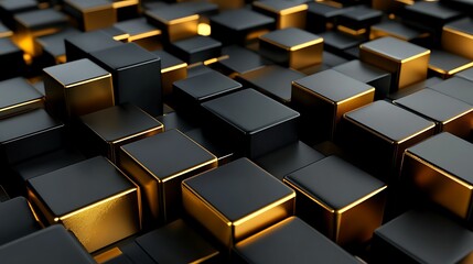 Fototapeta premium Abstract gold and black cubes background texture, 3D render