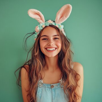 Young smiling woman with long hair wearing rabbit ears isolated on green background.