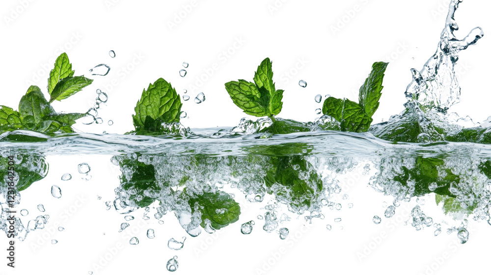 Poster the image shows vibrant green mint leaves splashing into clear water, creating a refreshing and visu