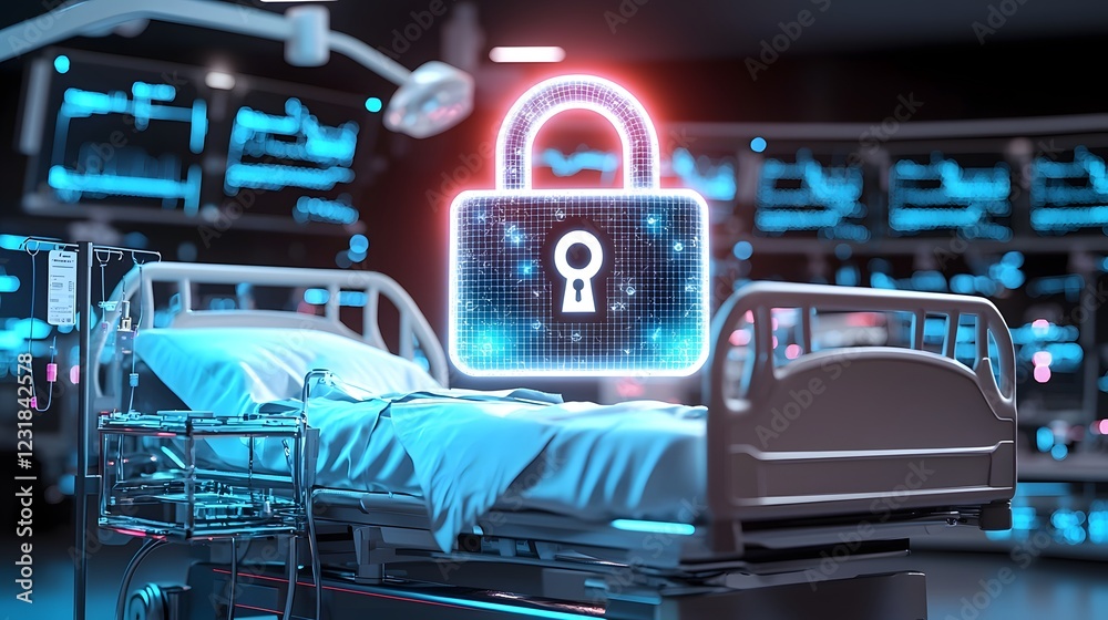 Poster Cybernetic Hospital Environment with Glowing Padlock Icon Over Hospital Bed Symbolizing Secure Data Encryption and Patient Privacy in Futuristic Healthcare Cybersecurity Network
