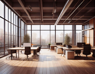 Naklejka premium Modern open-space office interior with large windows and wooden flooring