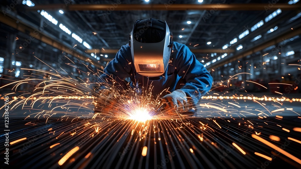 Aufkleber Skilled welder intensely focused using precise welding techniques to craft a massive metal structure amidst a shower of glowing sparks in an industrial shipbuilding or manufacturing setting