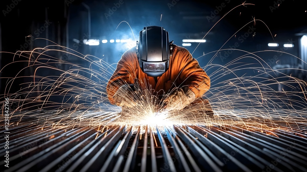 Poster a skilled welder demonstrating their expertise as they intently focus on precisely welding a massive