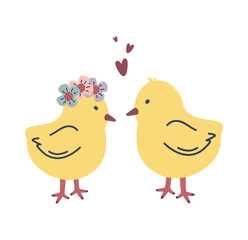 Yellow chickens in cartoon flat style.