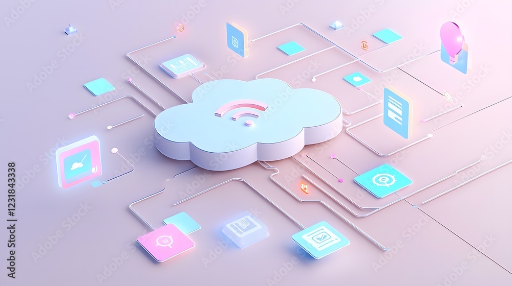 Poster Cybernetic Cloud Hosting Visualization featuring a two tone cloud icon with multiple linked digital servers holographic networking paths