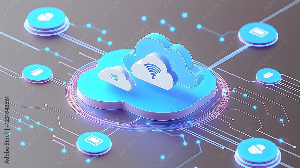 Poster Futuristic cloud computing symbol with a glowing cloud hosting icon floating above interconnected digital servers showcasing neon blue pathways for scalable IT services and fast
