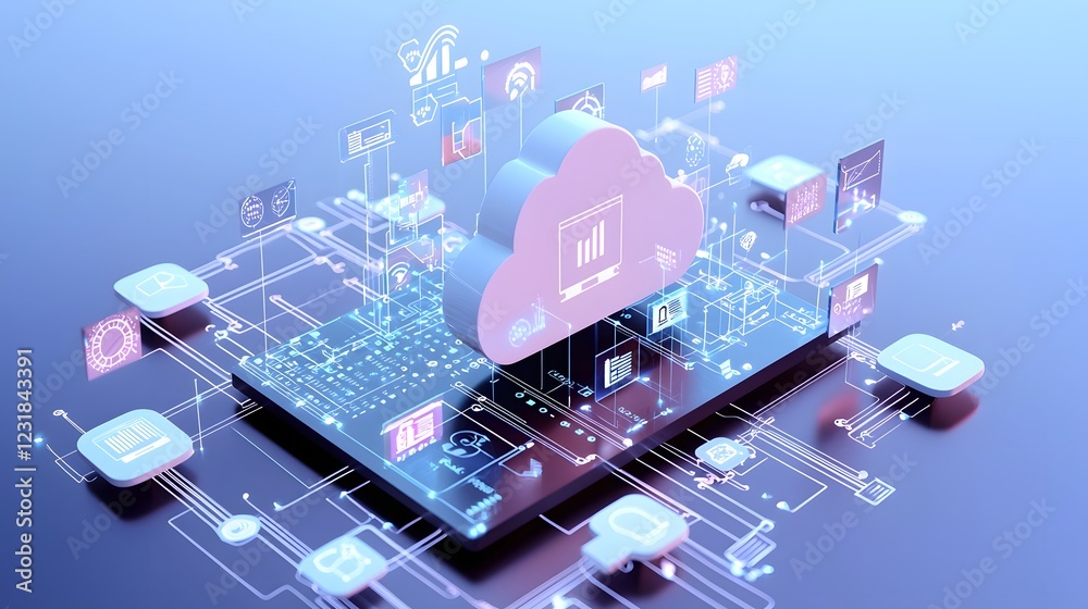 Poster Futuristic Glowing Cloud Computing Symbol with Interconnected Digital Servers and Scalable IT Services for Fast and Secure Data Management on a Neon Blue Background