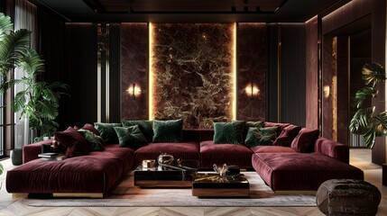Elegant rich earth tone interior design featuring a lush sectional sofa and textured wall accent