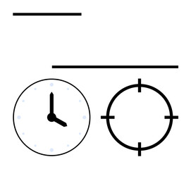 Analog clock with black hands alongside a crosshair target surrounded by horizontal lines. Ideal for productivity, time management, goal setting, scheduling, precision, focus, organization concepts