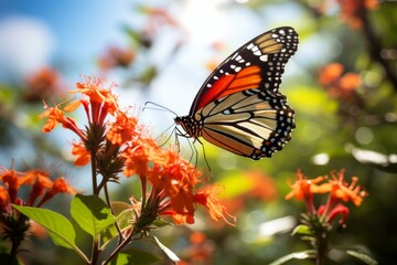 Fototapeta premium Monarch butterfly with orange and black wings feeding on bright orange flowers in a sunny garden, celebrating the beauty of nature