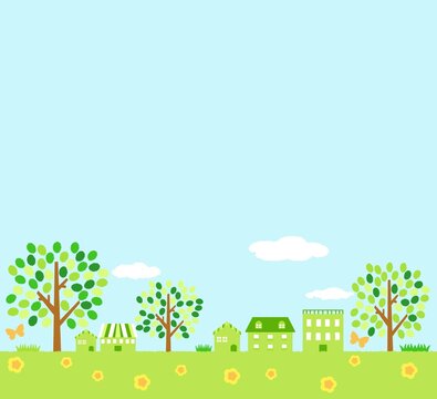 緑の住宅街 春の街並み 背景素材 青空