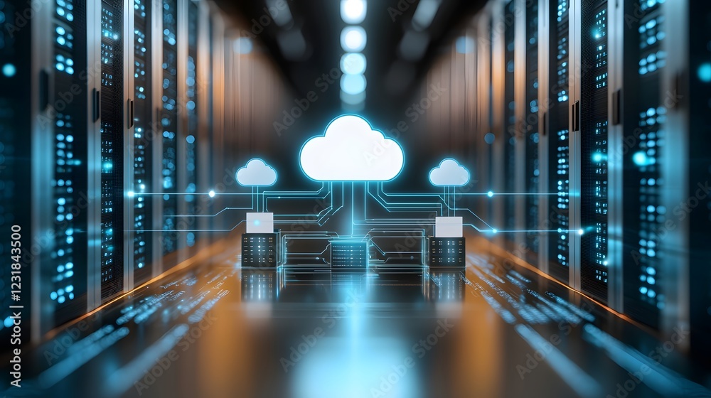 Aufkleber Futuristic high tech cloud computing ecosystem featuring interconnected AI powered server nodes and neon lit global data pathways