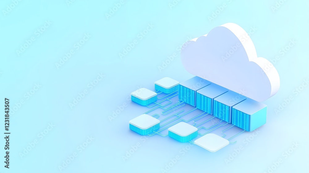 Poster Futuristic cloud hosting network icon featuring a luminous two tone cloud connected to multiple glowing server nodes surrounded by neon digital pathways representing a high speed