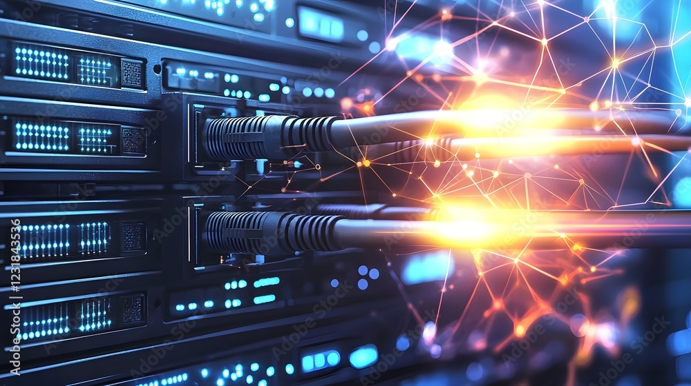 Aufkleber Futuristic Enterprise Networking Technology Hub with Interconnected Fiber Optic Cables Digital Cloud Servers and AI Powered Infrastructure for High Speed Cloud Computing Nodes