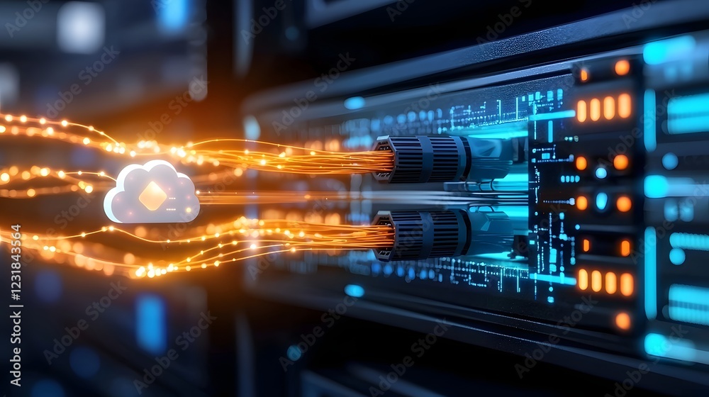Poster Futuristic image of a cloud technology hub featuring interconnected AI driven data servers neon lit fiber optic networking cables