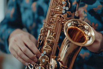 Obraz premium A talented male saxophonist plays during a festive evening generative AI