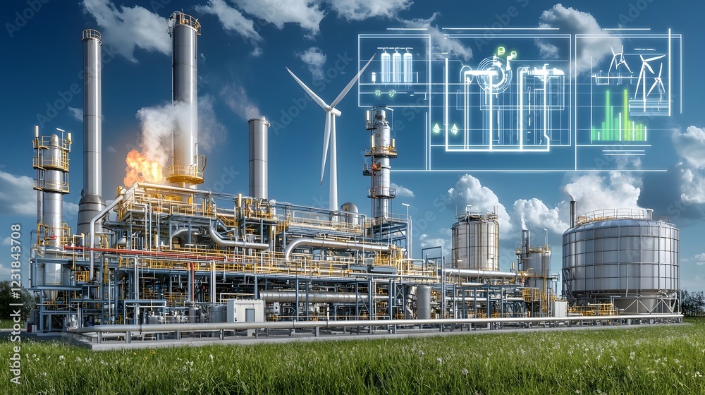 Leinwandbilder Sprawling advanced biofuel refinery complex with high tech processing units pipelines and storage tanks surrounded by towering wind turbines generating renewable eco friendly and sustainable power