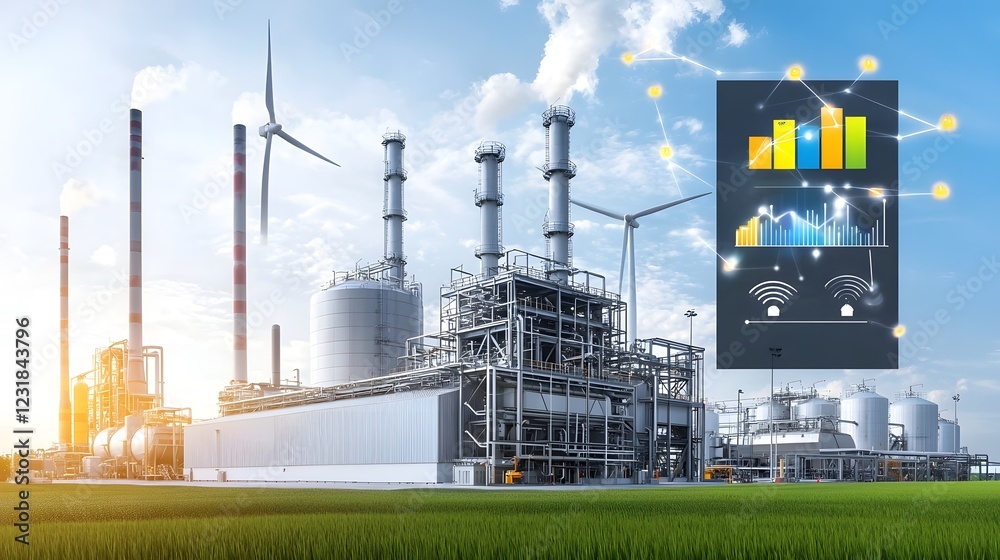 Aufkleber modern biofuel production facility with state of the art green energy systems and wind turbines scat