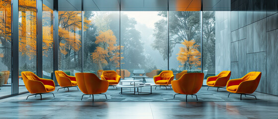 Cozy modern lounge with orange chairs overlooking a tranquil autumn landscape in the early morning