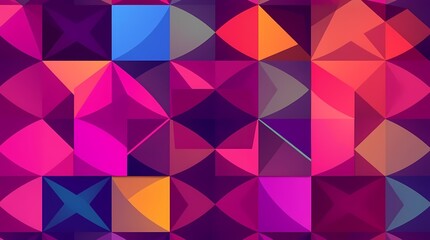 Fototapeta premium A seamless pattern of geometric shapes featuring overlapping triangles and squares, employing a vibrant color palette of neons and deep saturated hues, offering a modern and energetic .