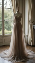 Chic beige evening dress with detailed embellishments displayed on a mannequin near a window
