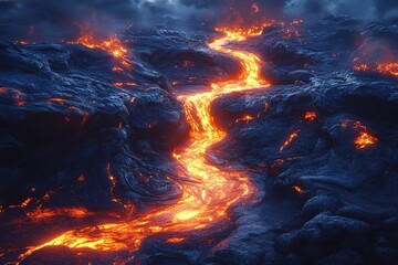 A river of molten lava flowing through a dark, otherworldly landscape, glowing with an intense, fiery light.