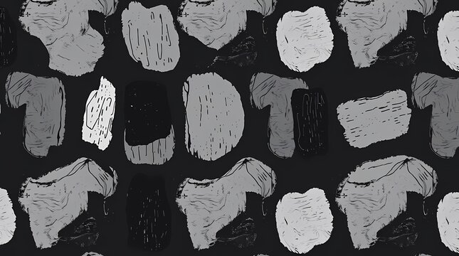 A seamless pattern of hand-drawn abstract shapes in varying shades of gray and black, created with a textured brush stroke style, providing a vintage aesthetic as a high resolution JPE.