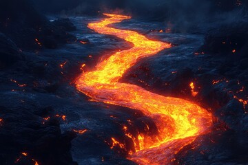 A river of molten lava flowing through a dark, otherworldly landscape, glowing with an intense, fiery light.