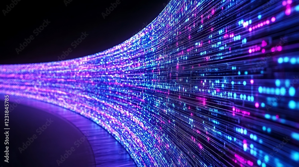 Poster abstract digital data stream: curved wall of neon binary code