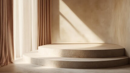 Minimalistic podium captured in a close-up shot, showcasing its sleek design and smooth textures, ideal for product presentation