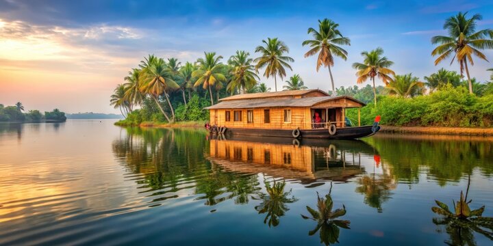 Houseboat on tranquil backwaters of Alappuzha, Kerala tourism