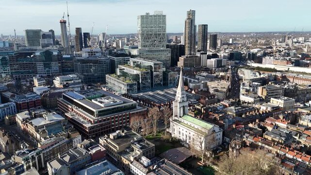 Spitalfields East End Tower Hamlets London UK descending drone,aerial