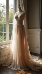 Sophisticated wedding dress with intricate beading and flowing train presented on a mannequin near a window