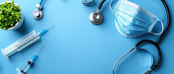 Fototapeta premium Medical tools and supplies arranged on a blue background for healthcare and clinical practice