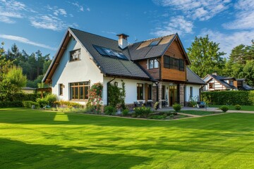Beautiful suburban house with solar panels on roof, surrounded by a manicured green lawn, trees, and bushes on a sunny day