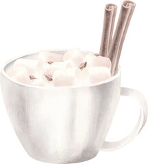 Watercolor illustration of cup with hot chocolate with marshmallow and choco chips and cinnamon rolls. Vector illustration for design.