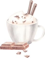 Watercolor hand drawn clip art of mug with hot chocolate and whipped cream, choco chips and cinnamon rolls and slice chocolate. Vector illustration for design menu cafe.