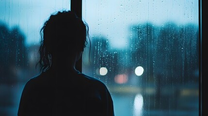 A person standing by a large window, looking out at the rain with a reflective expression © Mr image