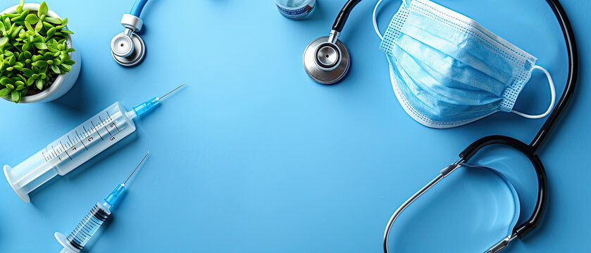 Medical tools and supplies arranged on a blue background for healthcare and clinical practice