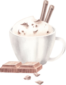 recommend clip art: Watercolor hand drawn clip art of mug with hot chocolate and whipped cream, choco chips and cinnamon rolls and slice chocolate. Vector illustration for design menu cafe.