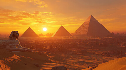 Sunset in egypt desert with ancient giza pyramid cartoon landscape. Egyptian dune with sphinx tomb landmark. Bush shadow near historical building wonders architecture in Sahara sand illustration