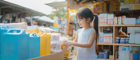 Fototapeta premium Young girl exploring colorful market stalls filled with various products on a sunny day