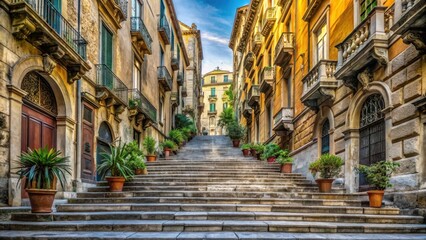 Ancient stone staircase leading to historic center of Naples , napolitan architecture, italian heritage