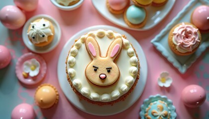 Obraz premium Festive Easter Bunny Cake with Pastel Desserts, Ideal for Holiday Celebrations
