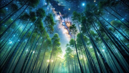 Mysterious forest under starry night sky