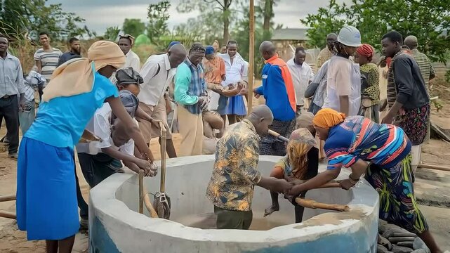 A group of people work together to construct a well using basic tools in a rural area